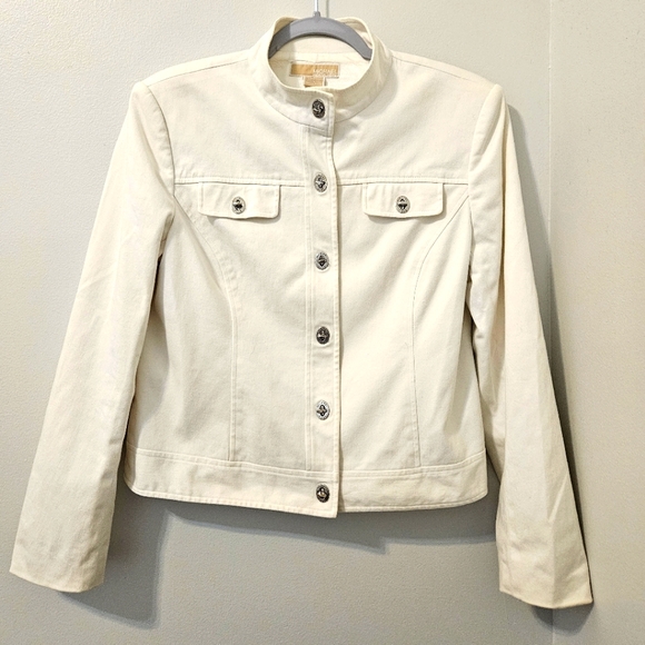 Michael Kors Womens Cropped Cotton Stretch Denim Jacket Turn Clasps White L - Picture 3 of 12